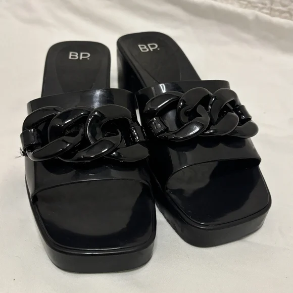 BP. Black chunky slides heels with plastic chain size 8 square toe open toe - Picture 2 of 7